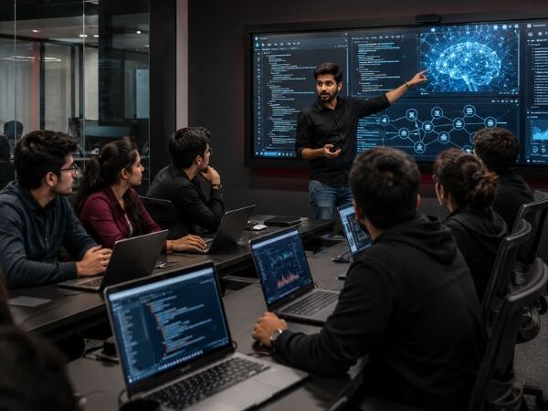 Student working on a real Data Science project at InnoNexus Chandigarh using analytics dashboards, data visualization tools, and machine learning workflows on a laptop