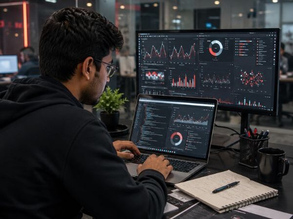 Student working on a real Data Science project at InnoNexus Chandigarh using analytics dashboards, data visualization tools, and machine learning workflows on a laptop