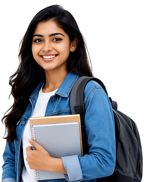 Smiling Indian female college student with backpack and notebooks isolated on a transparent background for InnoNexus AI and technology education